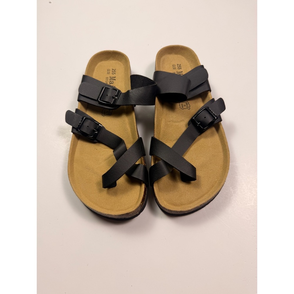 Womens Black Strappy Toe Loop Cork Footbed Birk Style Slide Sandals Size 41